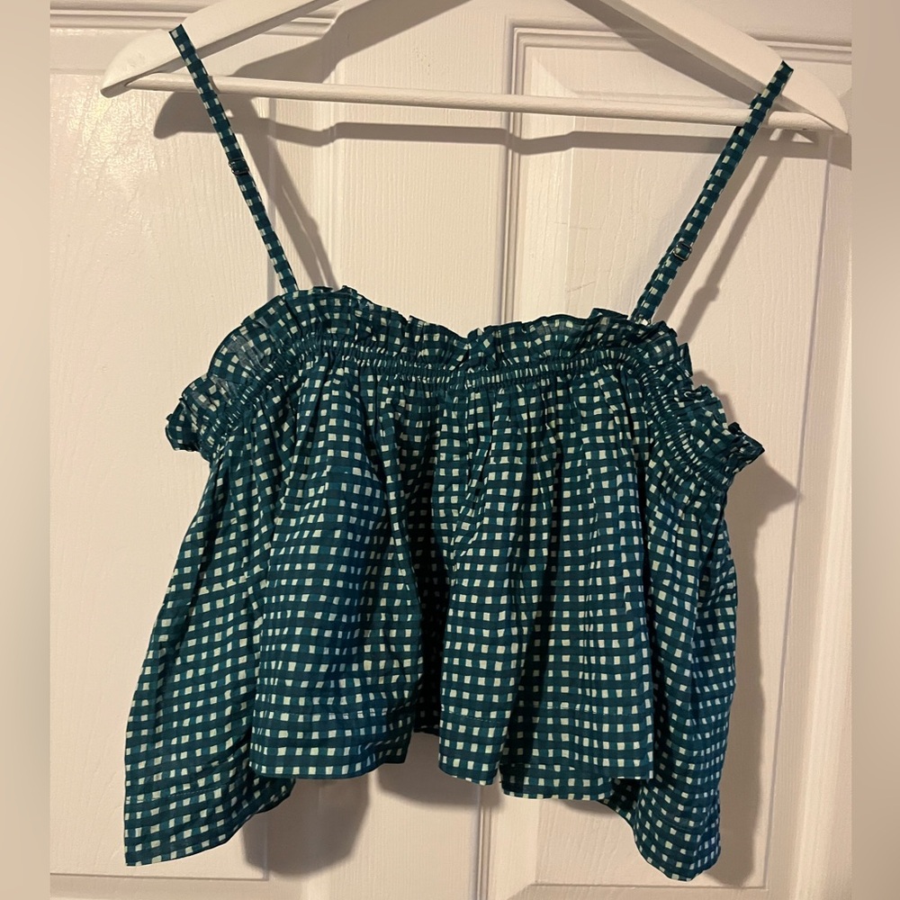 Apiece Apart Sanna green & white gingham seersucker cami flounce crop top, Small - Picture 2 of 8